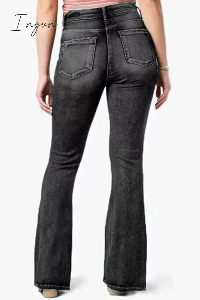 Ingvn- Casual Vintage Solid Make Old Mid Waist Regular Denim Jeans