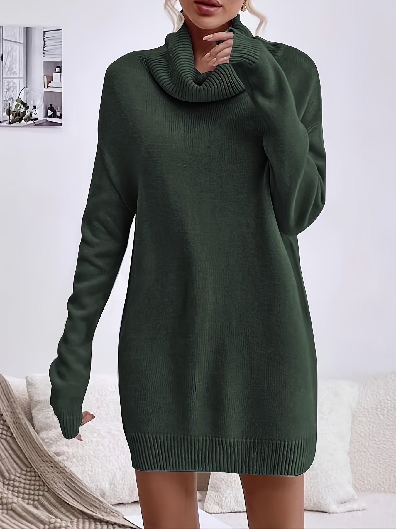 Cozy Solid Color Turtleneck Knit Dress - Versatile Casual Style - Long Sleeve, Soft Fabric, Figure-Hugging - Womens Winter Wardrobe Essential