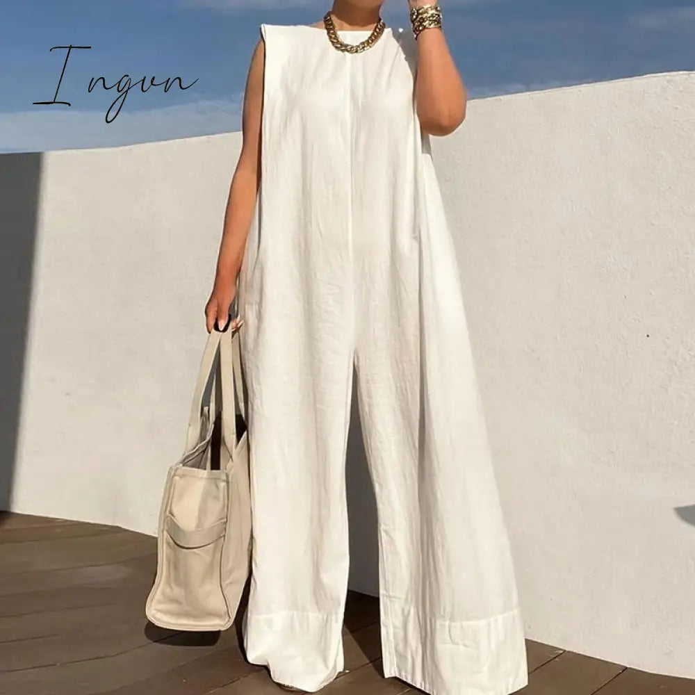 Ingvn - Summer Women Casual O-Neck Sleeveless Tank Playsuits Fashion Pattern Print Wide Leg Jumpsuit Office Lady Loose One Piece Rompers