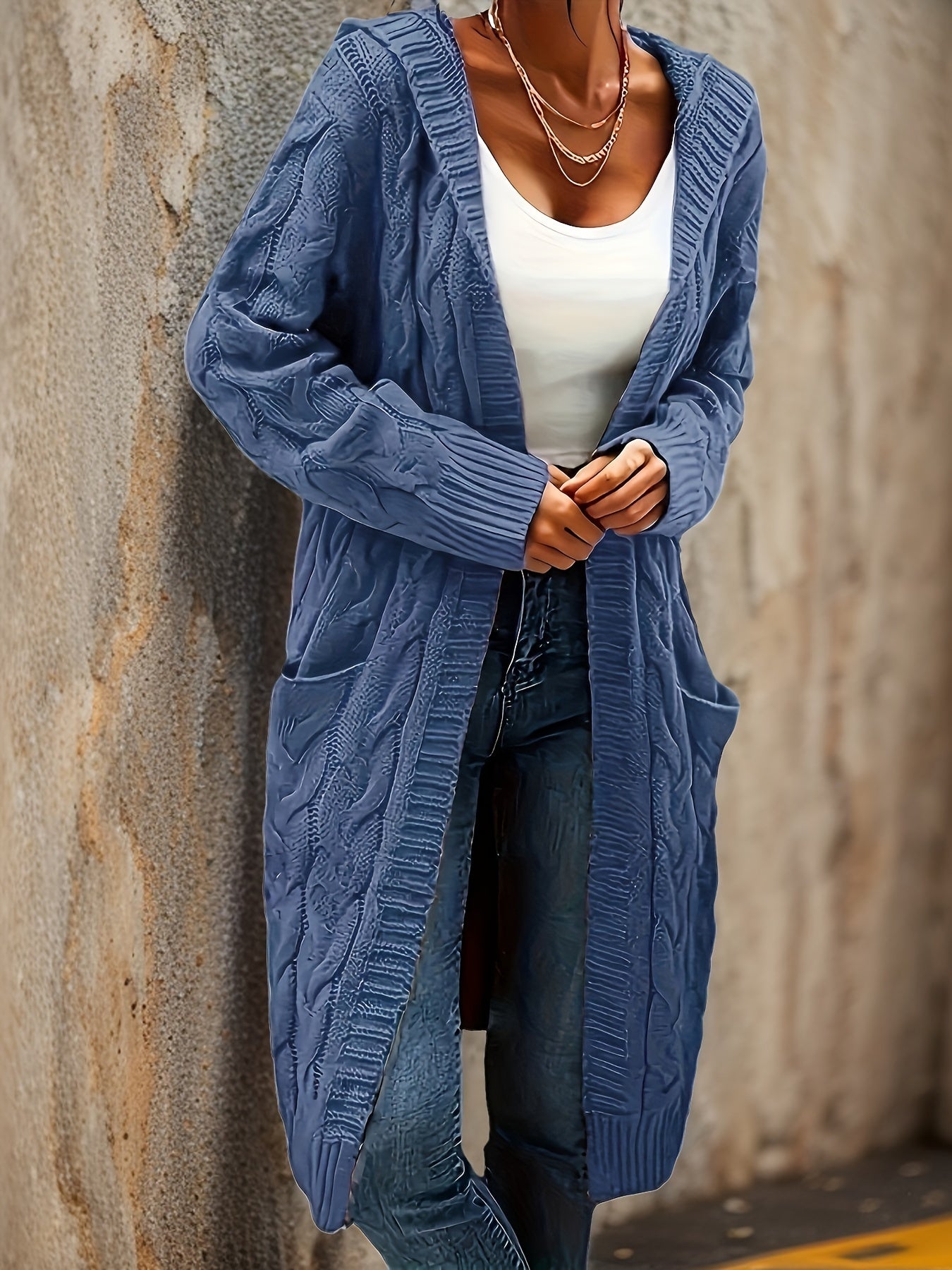 Cozy Micro-Elastic Plus Size Women's Long Sleeve Open Front Hooded Cardigan with Pockets for Casual Daily Wear - Solid Cable