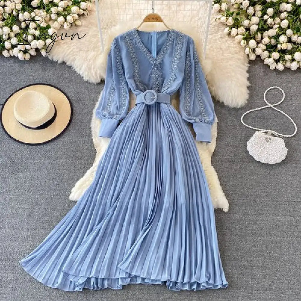 Ingvn - Red/Yellow/Black Embroidered Pleated Long Dress Vintage V-Neck Lantern Long Sleeve High Waist Draped Maxi Vestidos Female