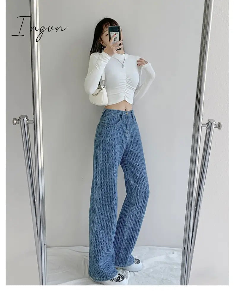 Ingvn - Women Jeans High Waist Casual Streetwear y2k Baggy Office Lady New Fashion Korean Denim Trousers Female Straight Wide Leg Pants