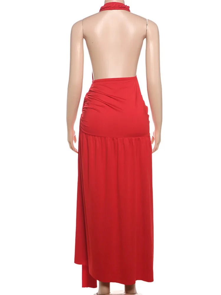 Halter Deep V Neck Sexy Maxi Dress For Women Gown Fashion Solid Sleeveless Backless Draped Ruched Bodycon Long Dress
