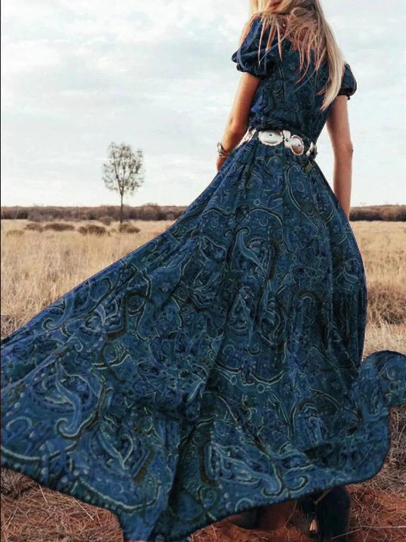Full Size Printed Puff Sleeve Maxi Dress Plus Size