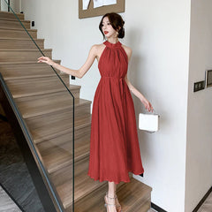 Elegant Party Beach Chiffon Bandage Midi Dresses for Women Summer New Sleeveless Neck-mounted Loose Casual Female Clothing