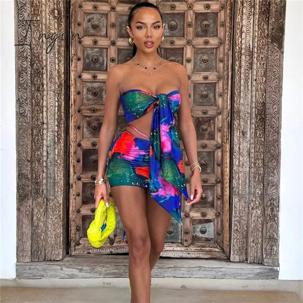 Ingvn - Print Two Piece Set Women Strapless Crop Top And Mini Skirt Set Female Fashion Bandage Sexy Party Skirt Set Clothes