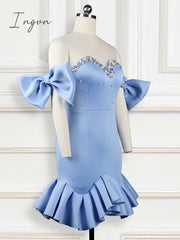 Ingvn - Fashion Trends Women Party Dress Ruffles Mesh Patchwork Bead Sexy with Bowtie Lovely Christmas Event Elastic Bodycon Backless Celebrate Vestido
