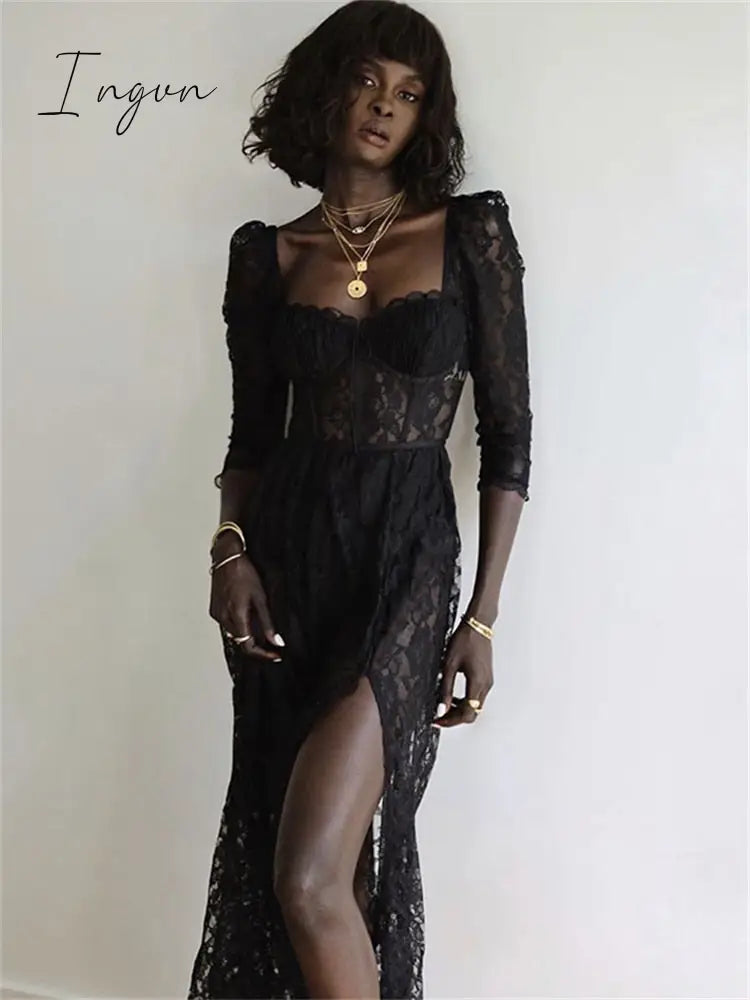 Ingvn - Summer Sexy Party Split Lace Bodycon Woman Maxi Dress Club Square Collar Black Elegant Women's Dresses