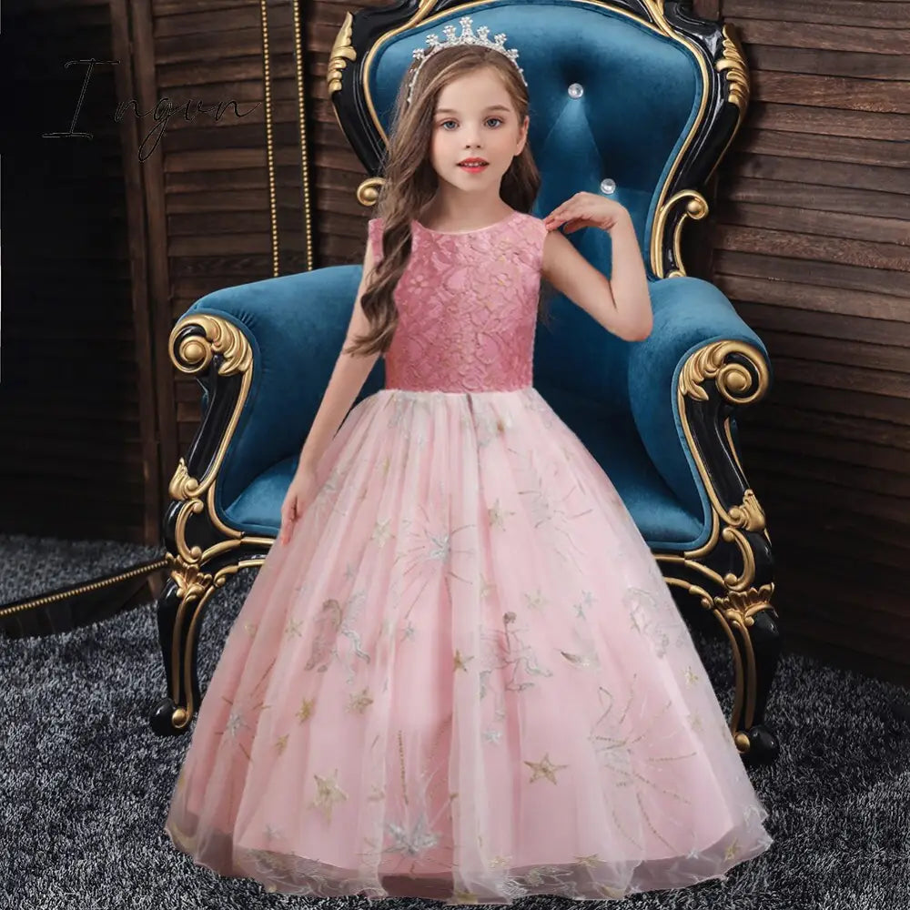Ingvn - Summer Kids Princess Dress Girls Flower Embroidery Dress For Girls Vintage Wedding Party Formal Ball Gown Children Clothing