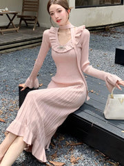 Vintage Solid Knitted Dresses for Women Elegant Bodycon Chic Flare Sleeves Ruffles Casual  Female One Piece Office Vestidos Robe