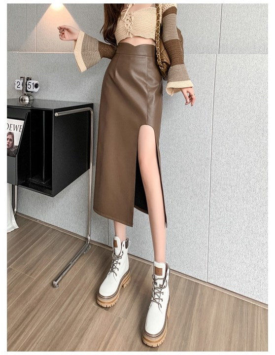Midi Split PU Leather Skirt Women Autumn Winter Black Sexy Bodycon Fashion Party Ladies Pencil Skirts Ladies Pocket