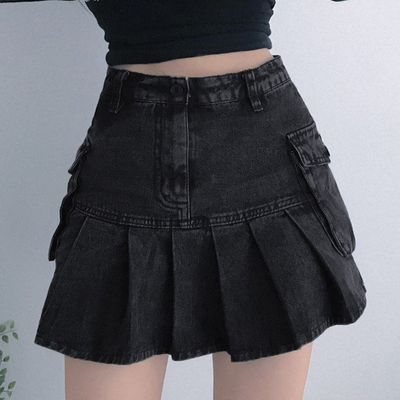 Harajuku Y2k Denim Skirt Women Dark Gothic Streetwear Mini Skirt with Skull Belt Mall Goth Punk Grunge Sexy Emo Clubwear