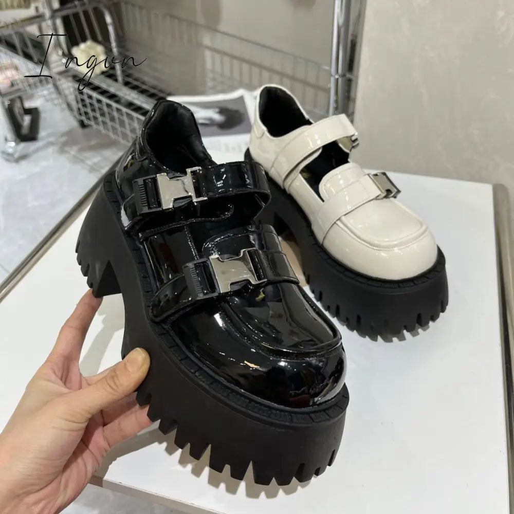Ingvn - Patent Leather Platform Oxford Shoes for Women 2023 Autumn Winter Casual Buckle Flats Woman Black Chunky Shoes Zapatillas Mujer