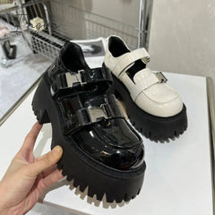 Ingvn - Patent Leather Platform Oxford Shoes for Women 2023 Autumn Winter Casual Buckle Flats Woman Black Chunky Shoes Zapatillas Mujer