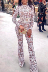 Celebrities Elegant Solid Lace Patchwork With Belt O Neck Regular Jumpsuits