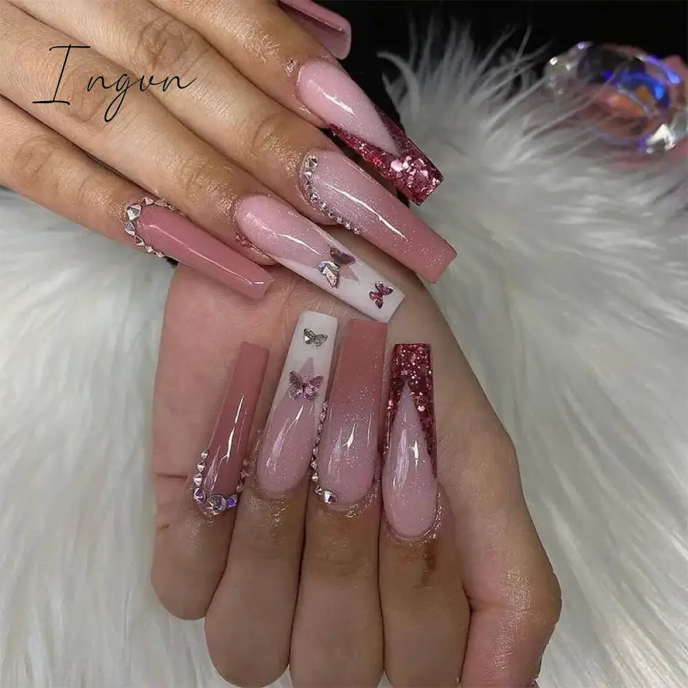 24pcs Artifical Bails With Glue Fake Nail Tips With Design Detachable Press On Nails Long Fake Nail Finished Nail Piece Sticker