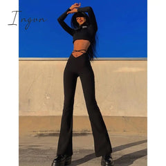 Ingvn - Fashion Trends Cyber Y2k Flare Pants E Girl Style Sexy Strechy Trousers Women Lace Up V Waist Low Rise Harajuku Black Pants C85-BB22