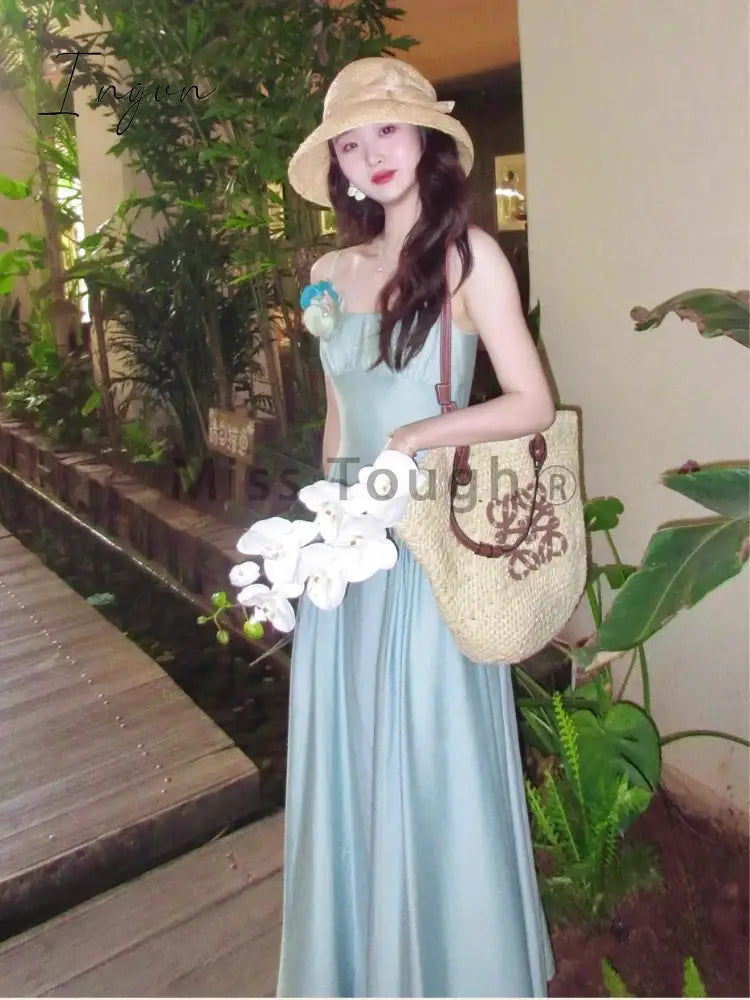 Ingvn - Summer Floral Sexy Strap One Piece Dress Women Solid Elegant Midi Beach Party Dress Female Korean Fashion Casual Slim Dress 2024