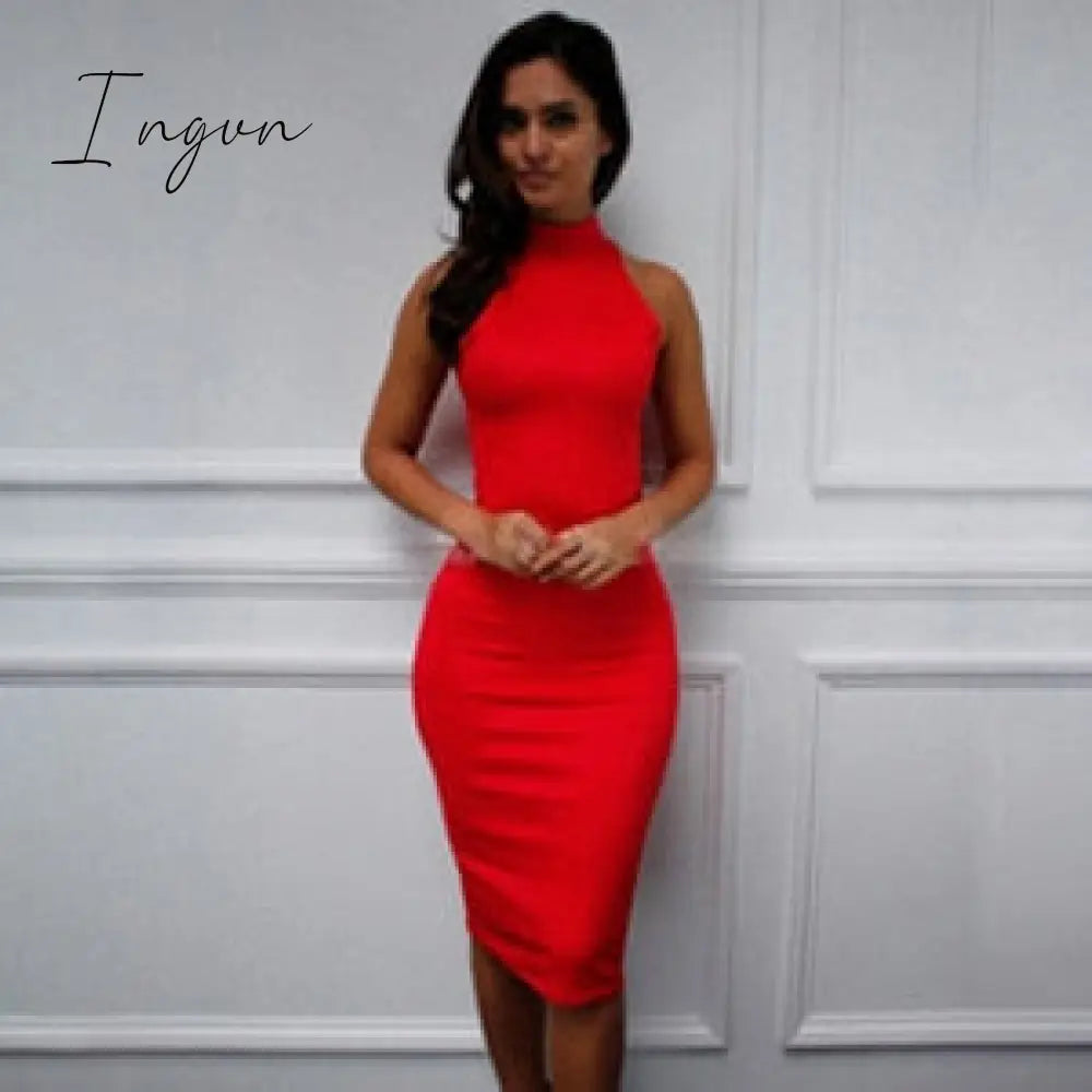 Ingvn - Spring Summer Fashion Turtleneck Sleeveless Elegant Pencil Dress Women Sexy Club Party Bodycon Bandage Slim Dress Vestido
