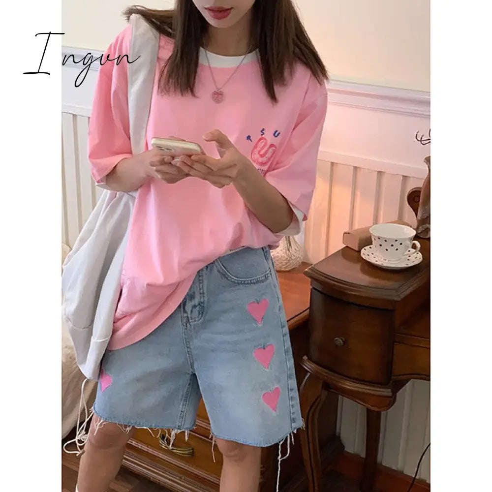Ingvn - Women's Short Summer High Waist Jeans Baggy Straight Five Points Trousers Streetwear Vintage Mom Denim Wide Leg Short Pants