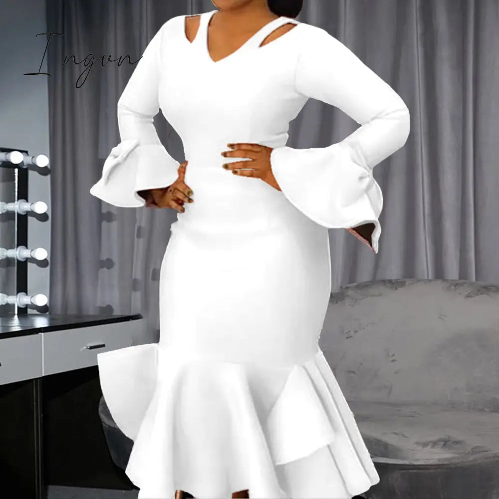 Ingvn - Women Bodycon Party Dress Long Flare Sleeves Cold Shoulder Ruffles Bowtie Elegant Slim Evening Birthday Event Robes Female 4XL