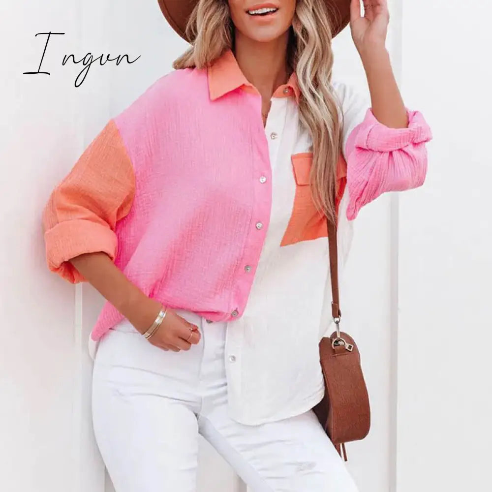 Ingvn - New Spring Summer Fashion Women New Patchwork Shirt Elegant Commute Contrast Lapel Buttons Cardigan Streetwear Ladies Casual Blouses