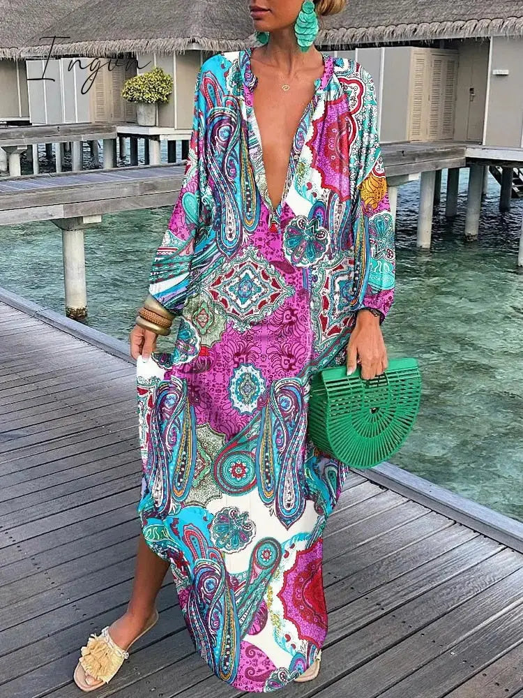 Ingvn - V-neck Casual Loose Floral Print Long Sleeve Maxi Dress