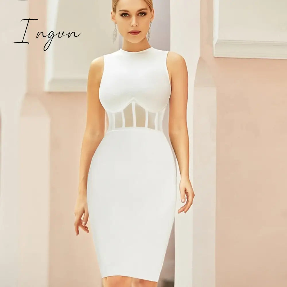 Ingvn - New Summer Tank Bodycon Club Bandage Dress Women Sexy Sleeveless Black Lace Midi Celebrity Evening Runway Party Dress