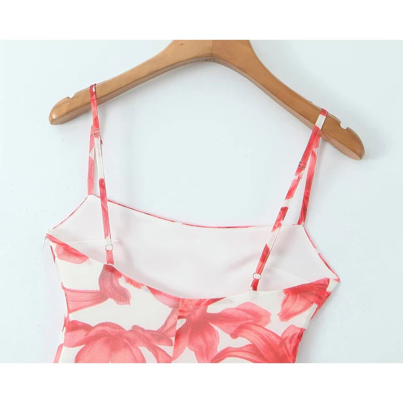 Sexy Women Floral Print Sling Mesh Dresses Thin Straps Skinny Slim Waist Hem Slit Bodycon Mini Dress Summer Robe