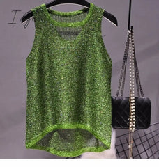 Ingvn - 2023 Summer New Sexy Hollow Sequined Knit Camisole Top Sleeveless Hollow Out Top Shirt Women's Loose Casual Crop Top Tops