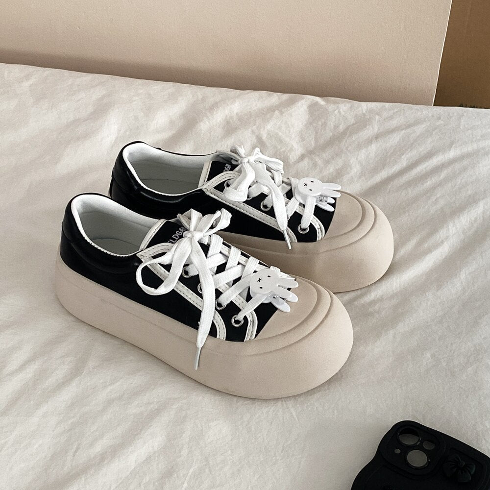 Pphmm Women's Sneakers Thick Sole Shoes Tennis Lace Up Flats Shoes Woman Spring Autumn Chunky Female Sneakers Casual Sports Shoes INS