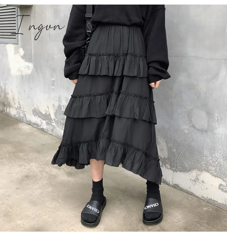 Ingvn - Midi Long Skirts Womens Maxi Skirt Goth Lolita Summer High Waisted Asymmetrical High Low Ruched Ruffle Skirts rok