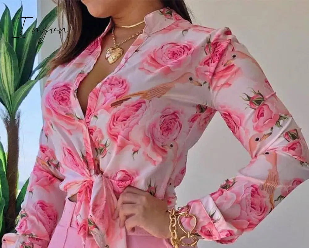 Ingvn - Women Long Sleeve Floral Printed Tie Knot Top Blouse Casual Spring Shirts Female