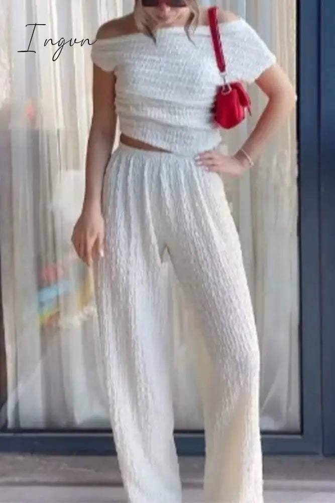 Sexy Solid Fold Off the Shoulder Short Sleeve Two Pieces