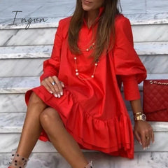 Ingvn - Women Autumn Spring Vintage Mini Cupcake Dress V Neck Long Lantern Sleeve Back With Ruffles Korean Style Elegant Red Dress