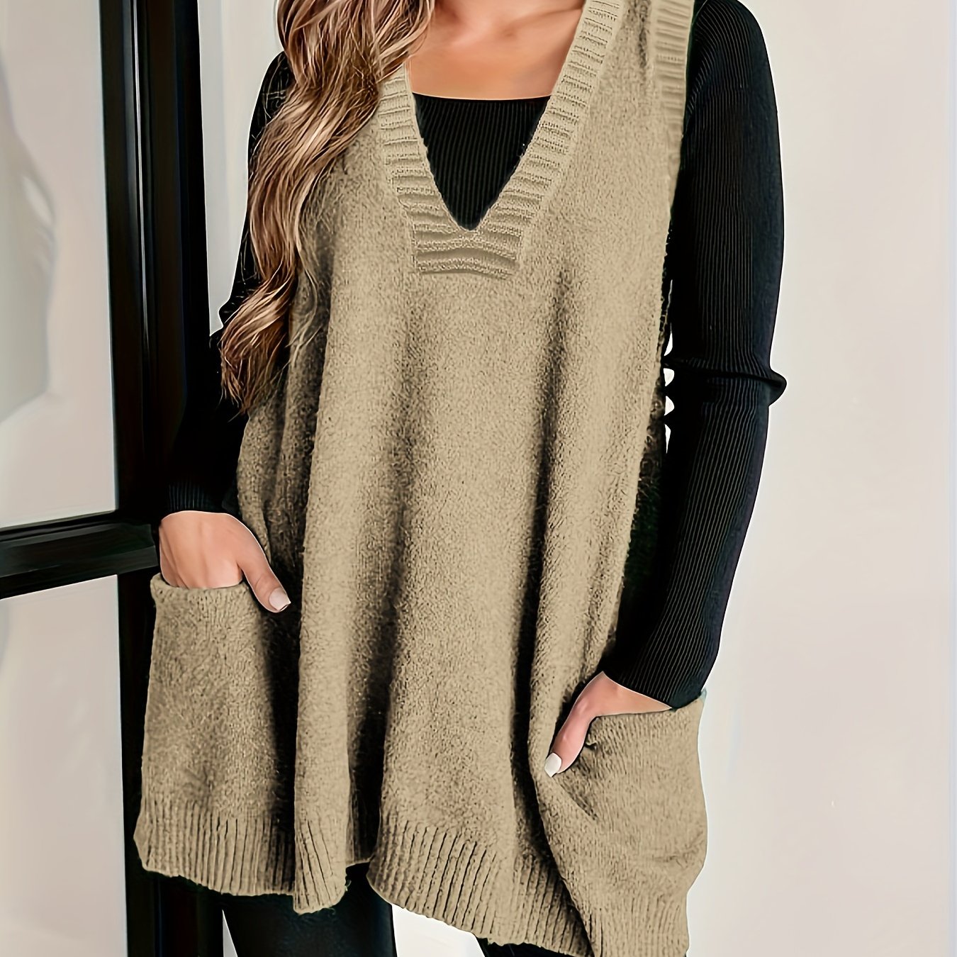 Plus Size Solid Knit Sweater Vest, Casual V Neck Sleeveless Sweater For Fall & Winter, Women's Plus Size Clothing