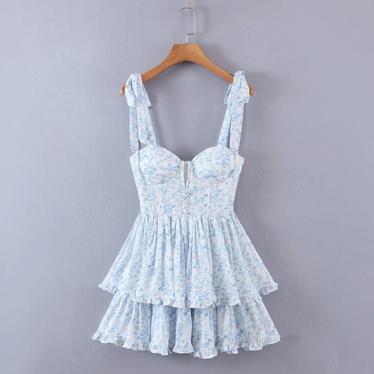 Fashion Women Spaghetti Strap Ruffle Cake Chiffon Dress Sexy Ladies Floral Print Holiday Party Mini Dress Summer Robe
