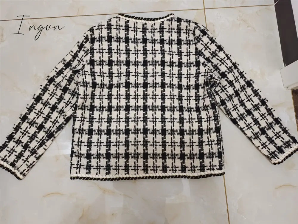Ingvn - Spring Korean small fragrance jacket women's short winter and autumn French ladies all-match houndstooth woven tweed coat jackets