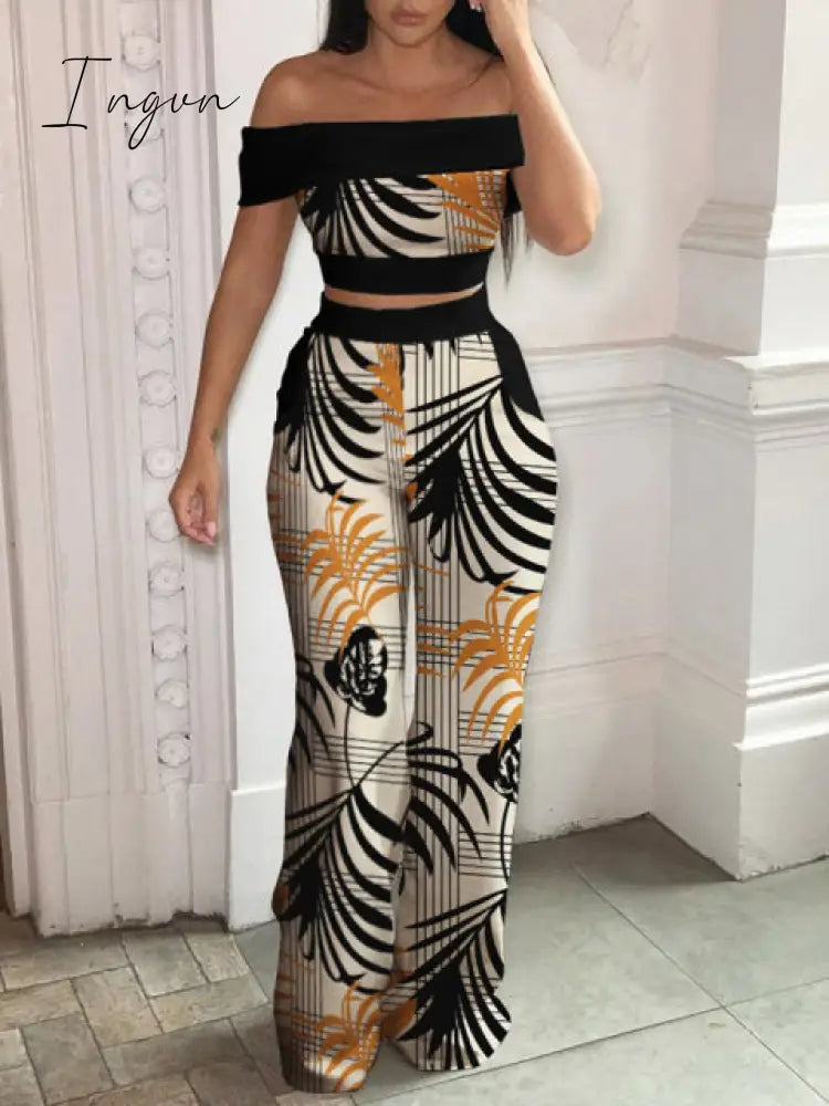 Ingvn - Matching Set Women Slash Neck Pullover Top High Elastic Waist Wide Leg Pants Ladies Outfit Summer Printing Slim Streetwear Suit