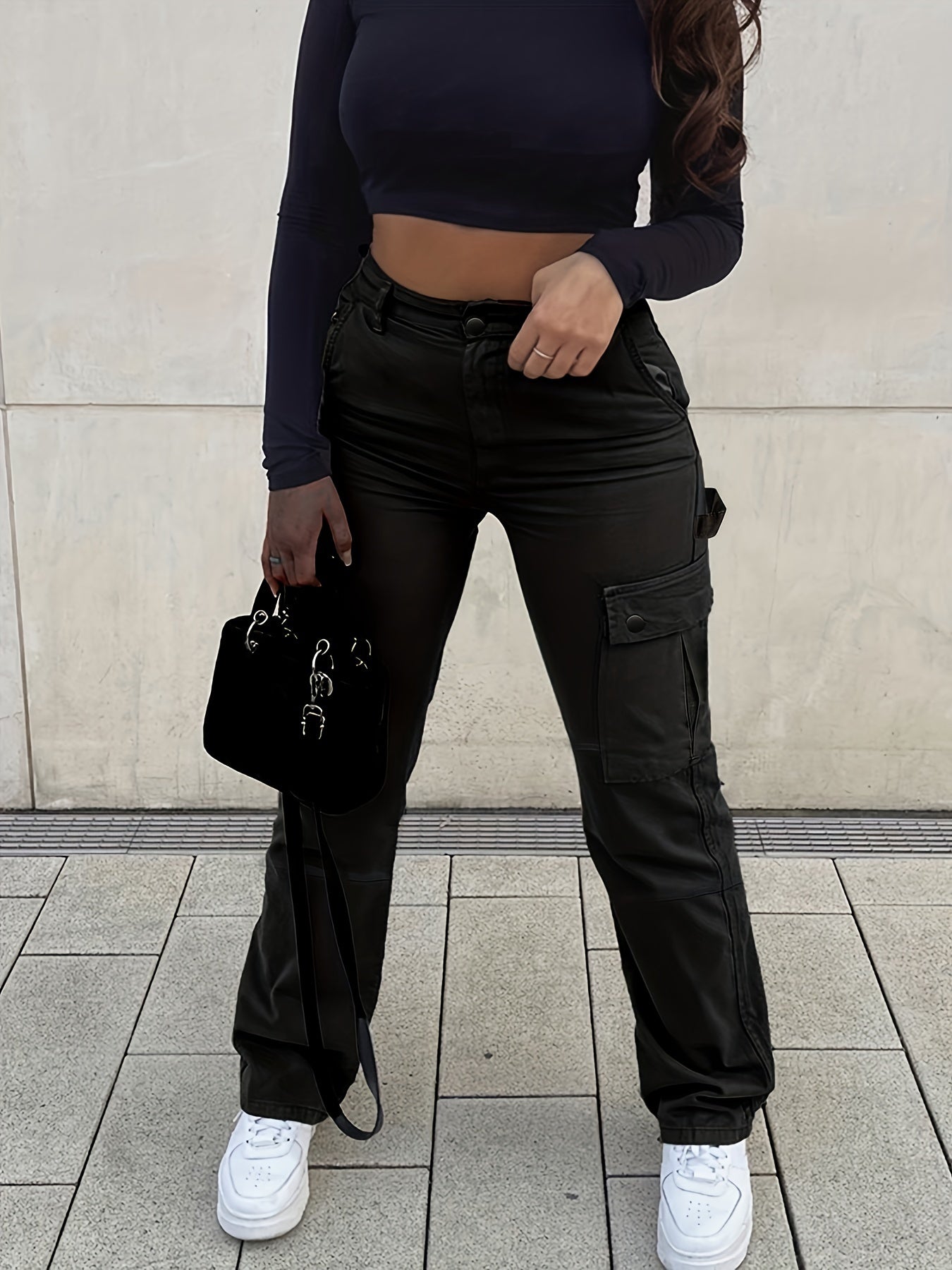 High-Waisted Stretchy Women's Retro Cargo Denim Pants, Elegant Solid Y2K Street Style Urban Fashion Trousers Jeans