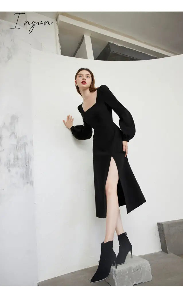 Ingvn - Black Retro Split Dress Women Elegant Midi Designer Dress Female Long Sleeve Hepburn Style Chiffon Vintage Dress Fall  Women