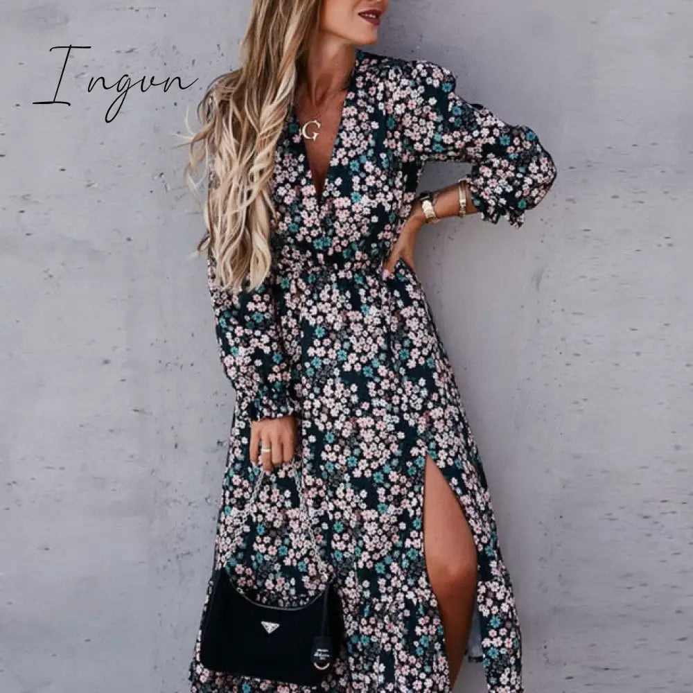Ingvn - Women Floral Print V Neck Side Slit Party Dress Spring Autumn Long Sleeve Elegant Ladies Sexy Elastic Waist Slim Dress Vestidos