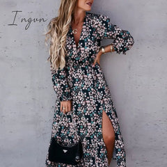 Ingvn - Women Floral Print V Neck Side Slit Party Dress Spring Autumn Long Sleeve Elegant Ladies Sexy Elastic Waist Slim Dress Vestidos