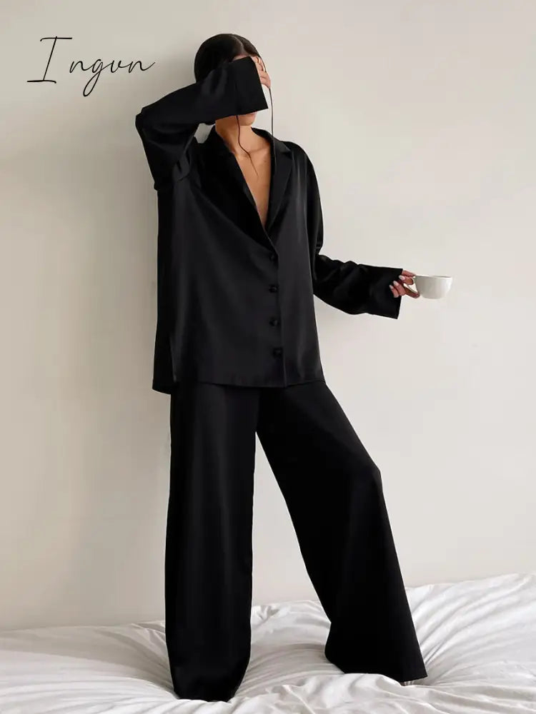 Ingvn - Oversized Satin Silk Sleepwear Low Cut Sexy Pajamas For Women Single-Breasted Long Sleeves Wide Leg Pants Trouser Suits