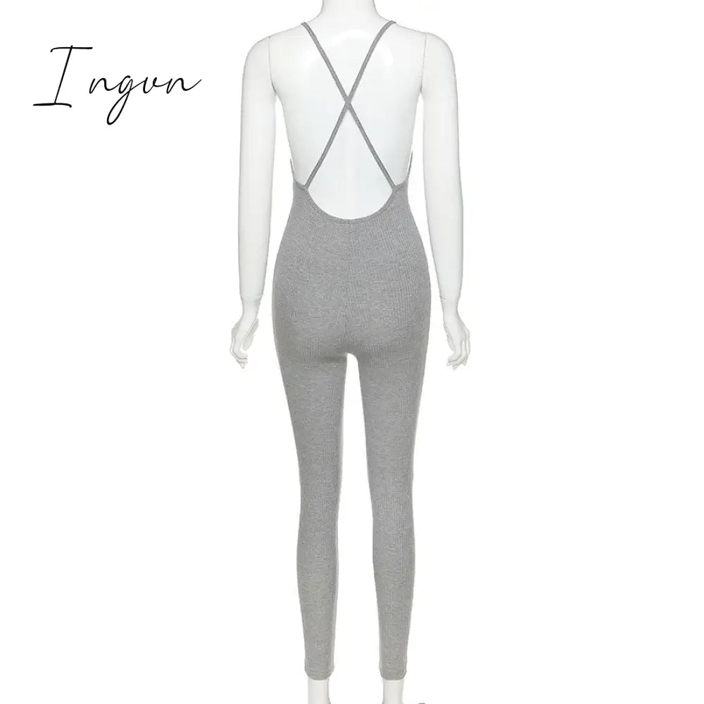 Ingvn - v-neck skinny sexy jumpsuit women summer hollow out partywear halter sleeveless streetwear outfit fitness backless