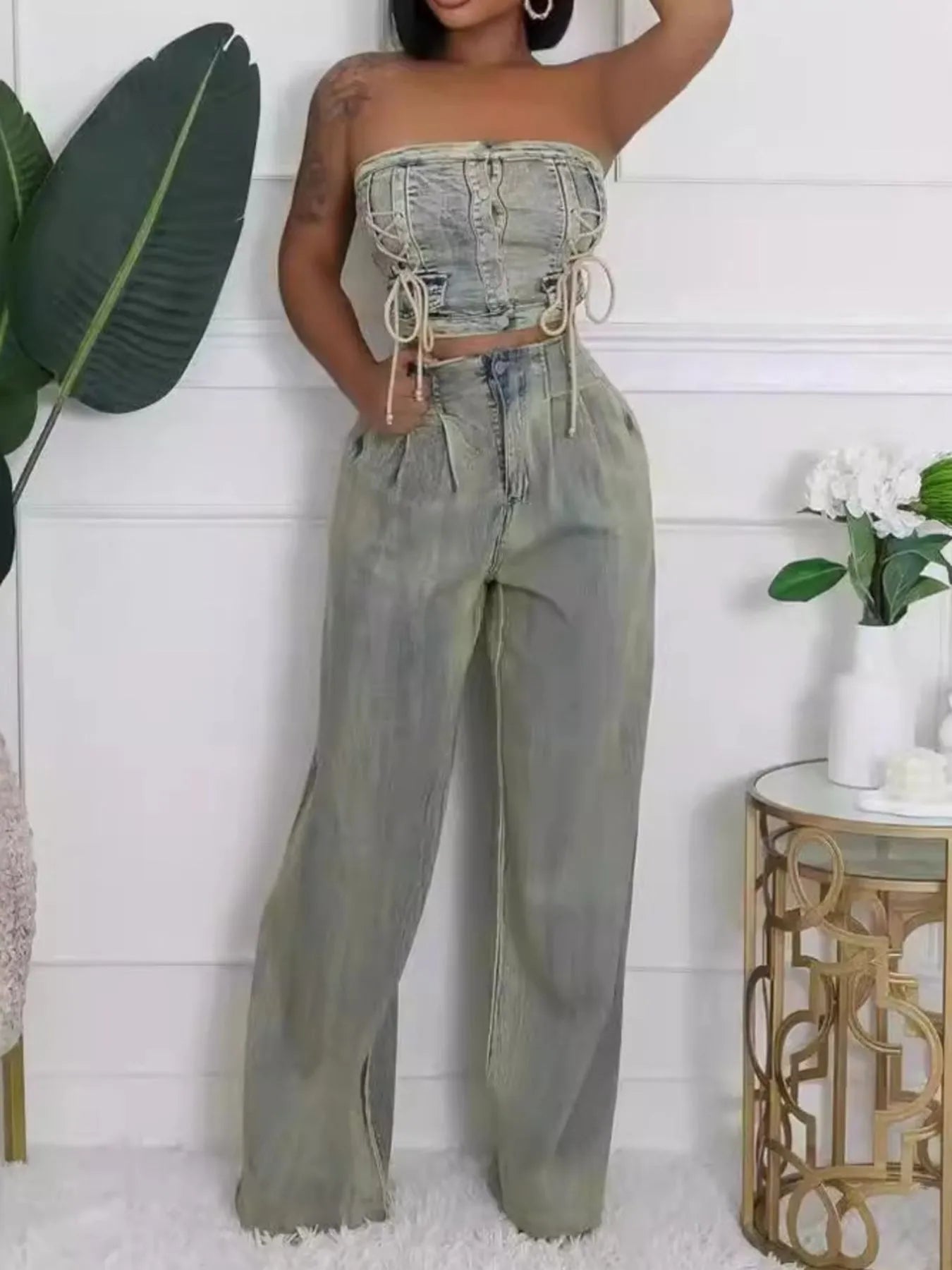 Smocked Tube Top and Jeans Denim Set