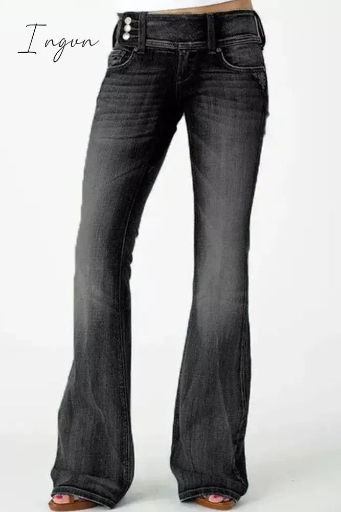 Ingvn- Casual Vintage Solid Make Old Mid Waist Regular Denim Jeans