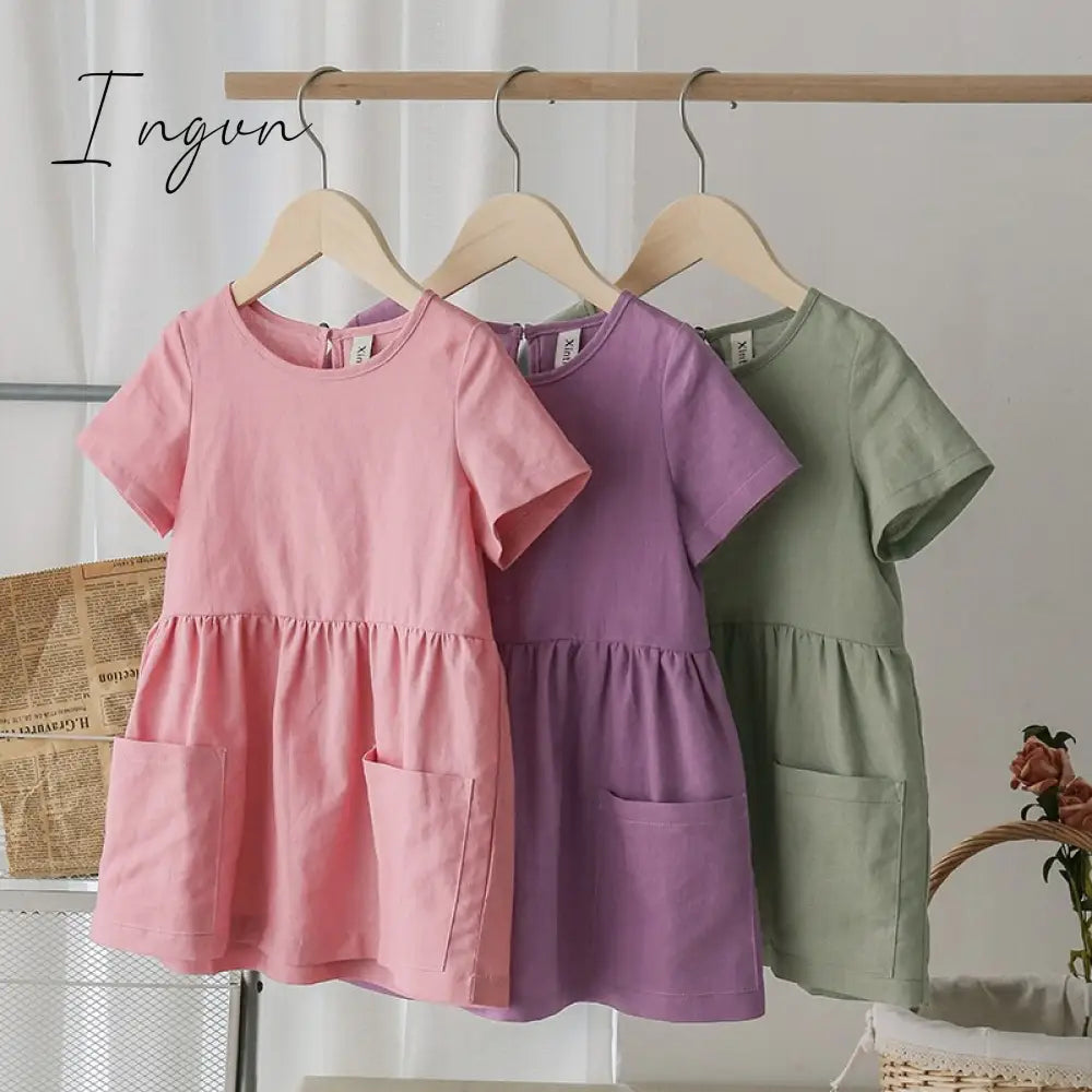 Ingvn - Fashion Cotton Linen Summer Girl Dress Yellow Casual Short Sleeve Kids Holiday Dress With Pockets TZ20