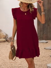 Vibrant Solid Crew Neck Tunic Dress - Draped, Ruched, Ruffle Hem, Micro Elasticity, Polyester Fabric - Perfect for Wedding, Graduation, Engagement, Party, Holiday, and Vacation