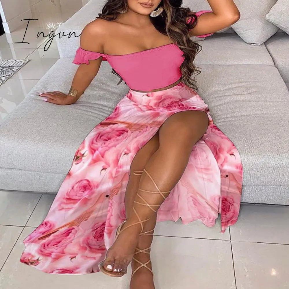Ingvn - Off Shoulder Women Two Piece Set Sexy Slash Neck Top and Slit Summer Long Party Dress Suits Spring Floral Print Skirts Sets
